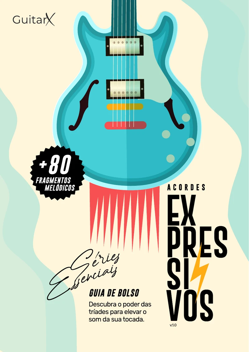 Capa original do ebook Acordes Expressivos: guitarra azul sobre fundo creme e mais de 80 fragmentos melódicos