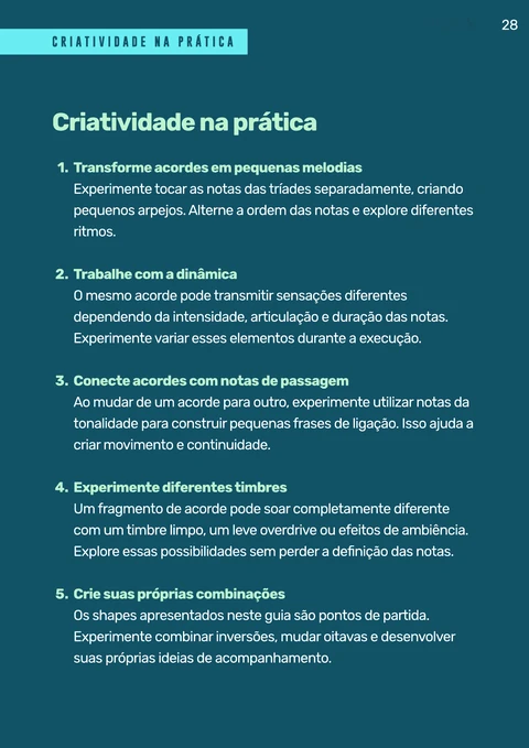 Dicas do livro sobre arpejos, dinâmica, notas de passagem, timbres e combinações de acordes