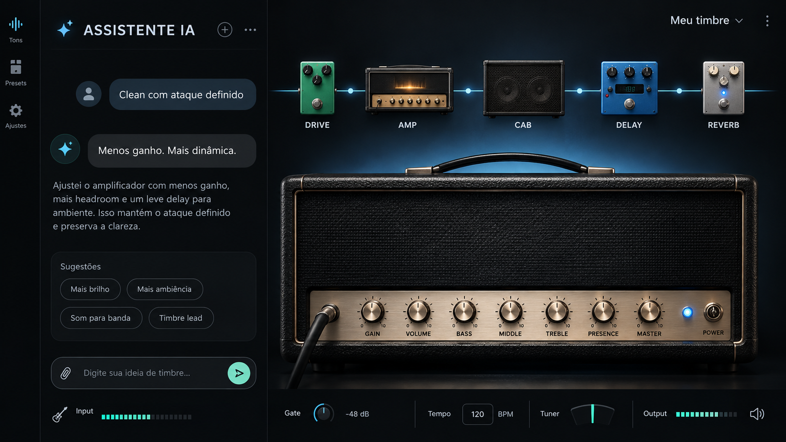 Interface conceitual de timbres: cadeia de sinal e chat de IA ao lado de um amplificador