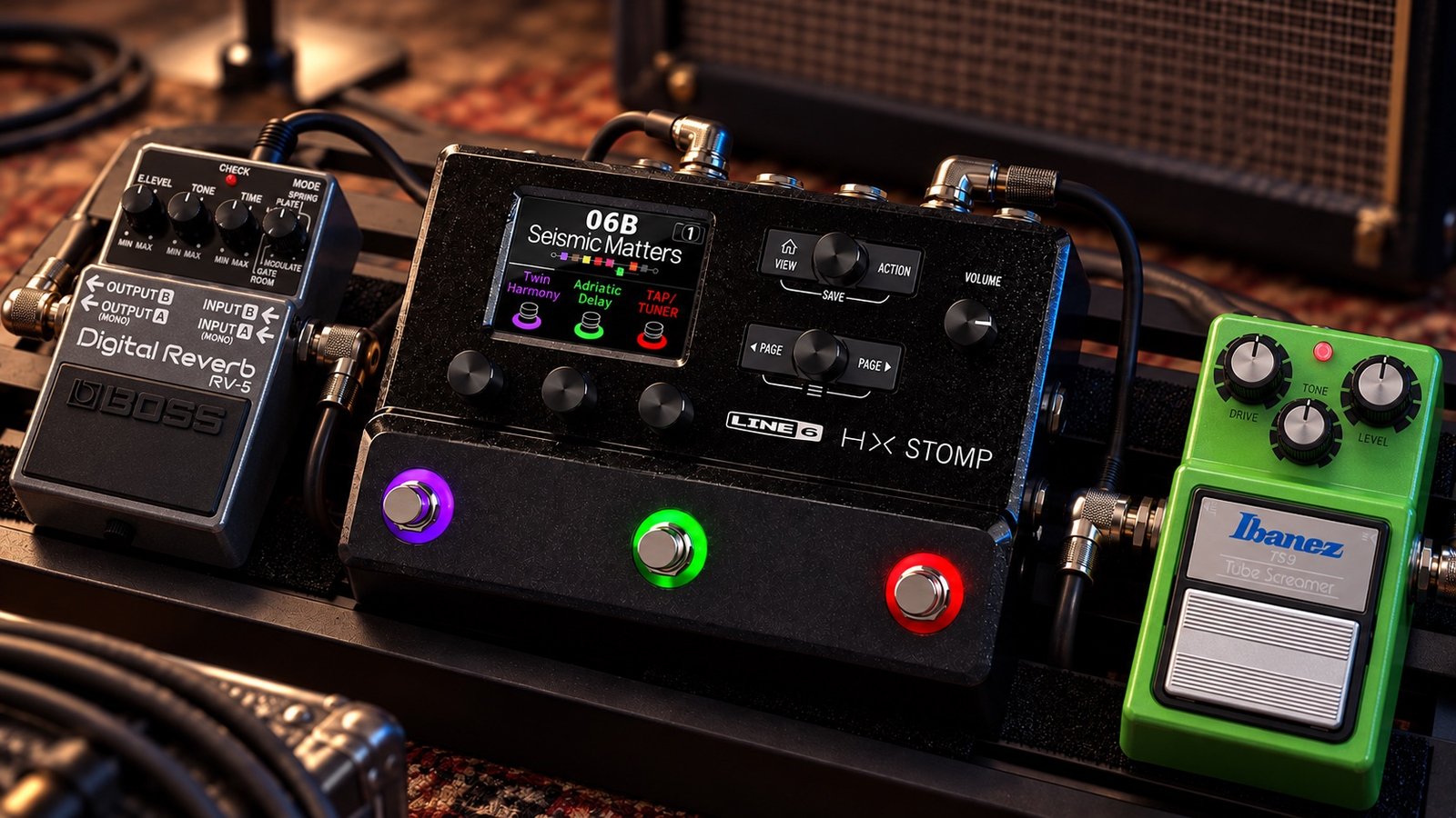 HX Stomp em um pedalboard com Boss RV-5 à esquerda e Ibanez TS9 à direita — composição ilustrativa criada com IA