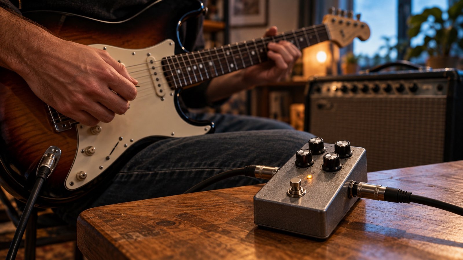 Guitarrista tocando com um pedal compressor numa bancada