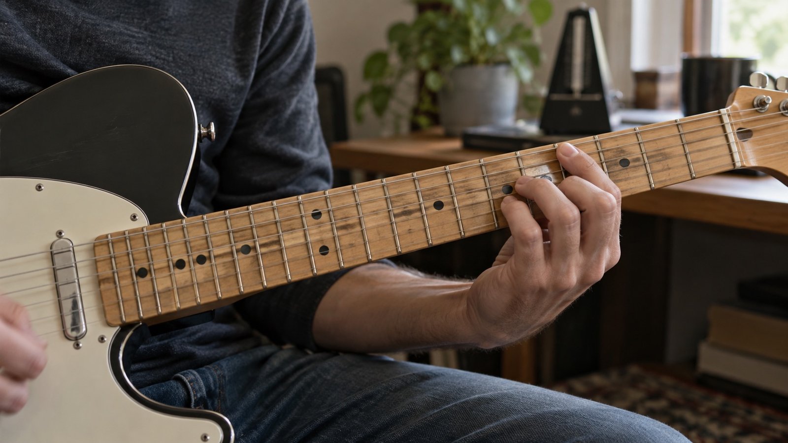 Mão de guitarrista praticando acordes com um metrônomo ao fundo