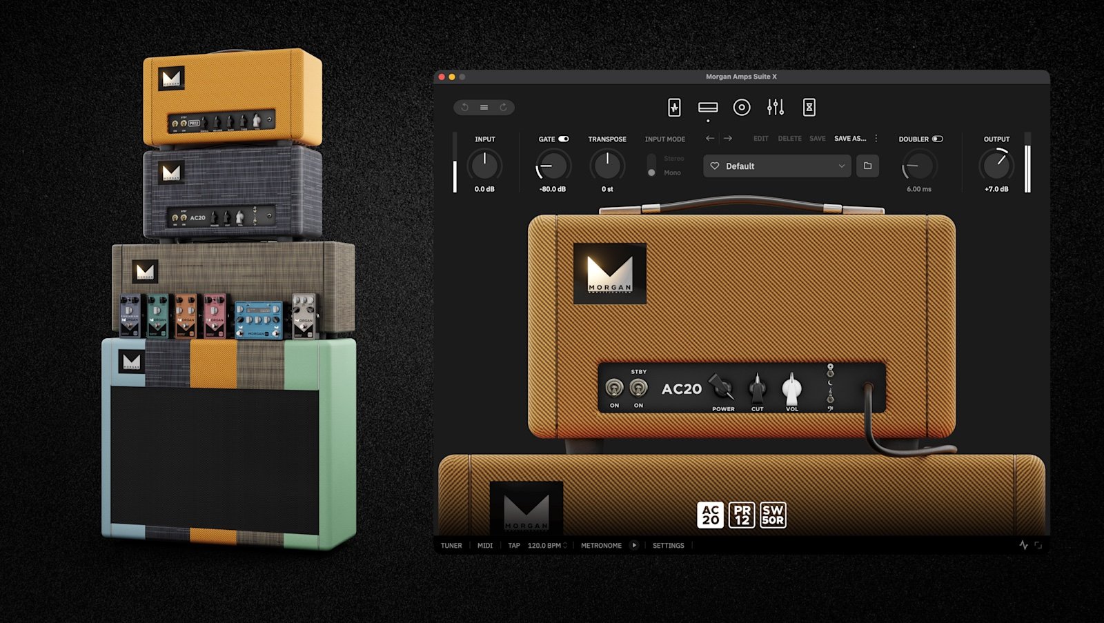 Imagem oficial do Morgan Amps Suite X com a interface do plugin e representações dos amplificadores